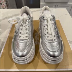 Michael Kors Women's Hayes Silver Metallic Leather Platform Sneaker